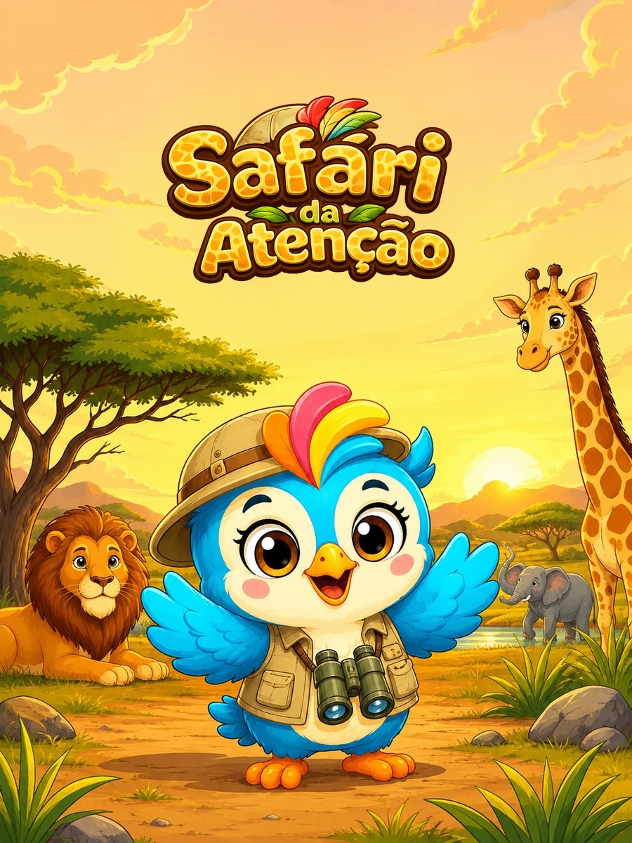 Safári da Atenção — capa do material de atividades com animais africanos para crianças de 4 a 10 anos